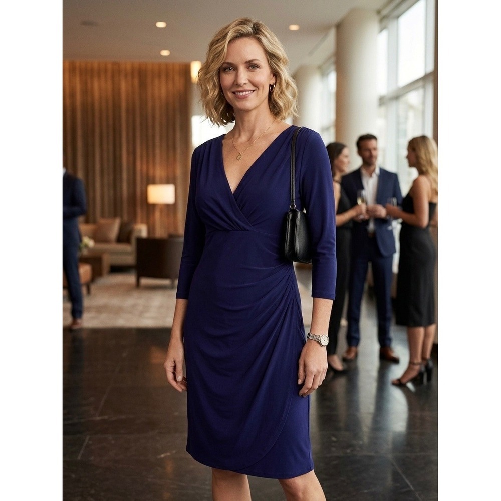 Lauren Ralph Lauren Purple Faux Wrap Ruched VNeck Sheath Dress 3/4 Sleeve Sz 14